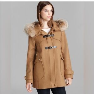 Trina Turk Bailey Lambswool Toggle Duffel Coat with Coyote Fur Hood